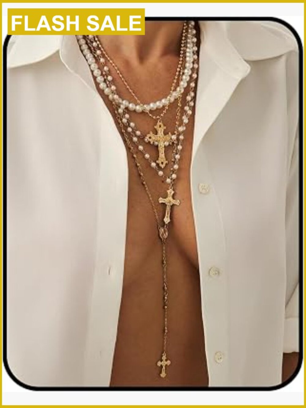 Layered Cross Necklace Set – Vintage Pearl Choker Multi-Strand Chain with